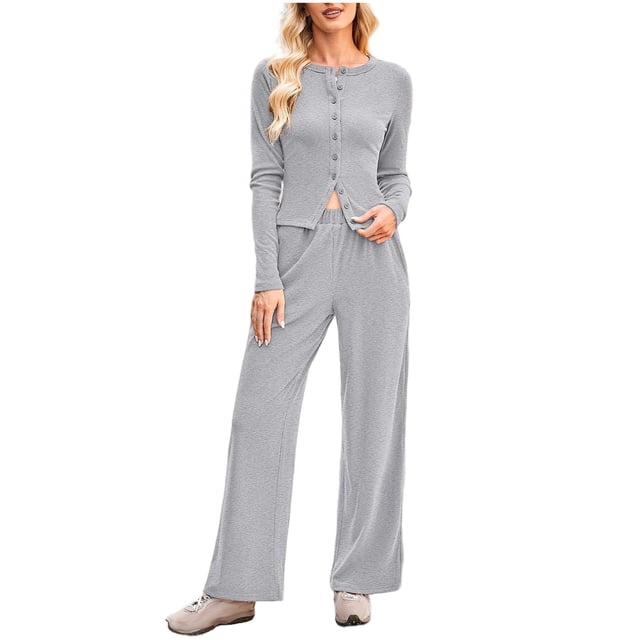ShomPort Outfits for Womens Knit Ribbed Long Sleeve Button Crewneck Tops Elastic Waist Casual Pants Lightweight Stretchy 2PC Set
