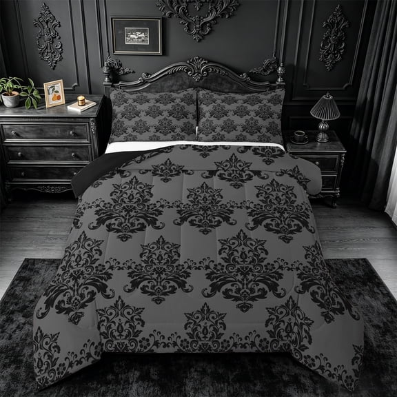 jejeloiu Sleek Damask Queen Comforter Set,Moody Floral Comforter Sets Queen For Adults,Gray Black,Black Reversible,3pcs,1 Comforter and 2 Pillowcases