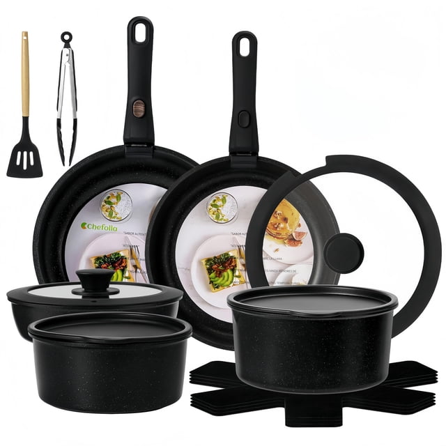 Sartenes Antiadherentes, Juego de 17 Ollas, Juego de Sartenes con Mango Desmontable, Batería de Cocina Apto para Lavaplatos Y Horno (Negro)