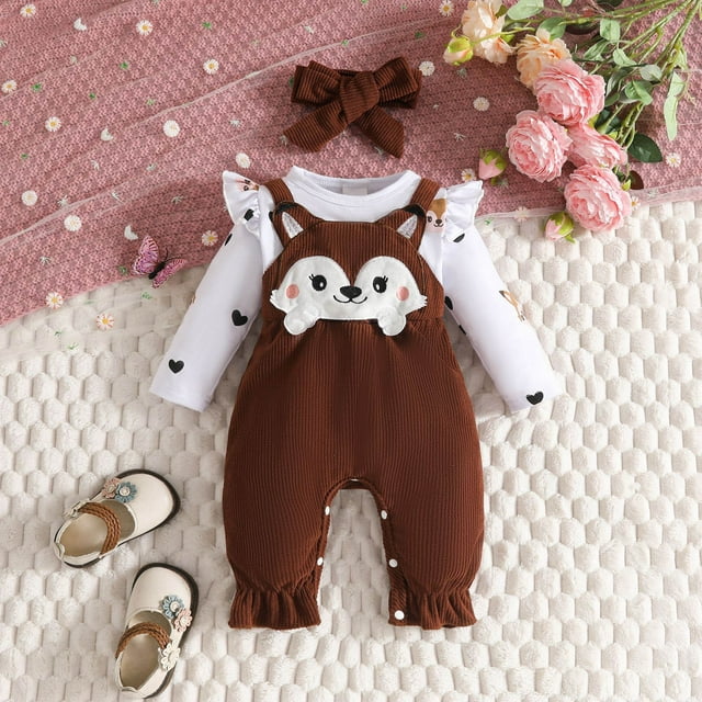 Stylish Toddler Girls Long Sleeve Romper Jumpsuit Set With Adorable Cartoon Print And Headband Accessory For Fall Winter Season