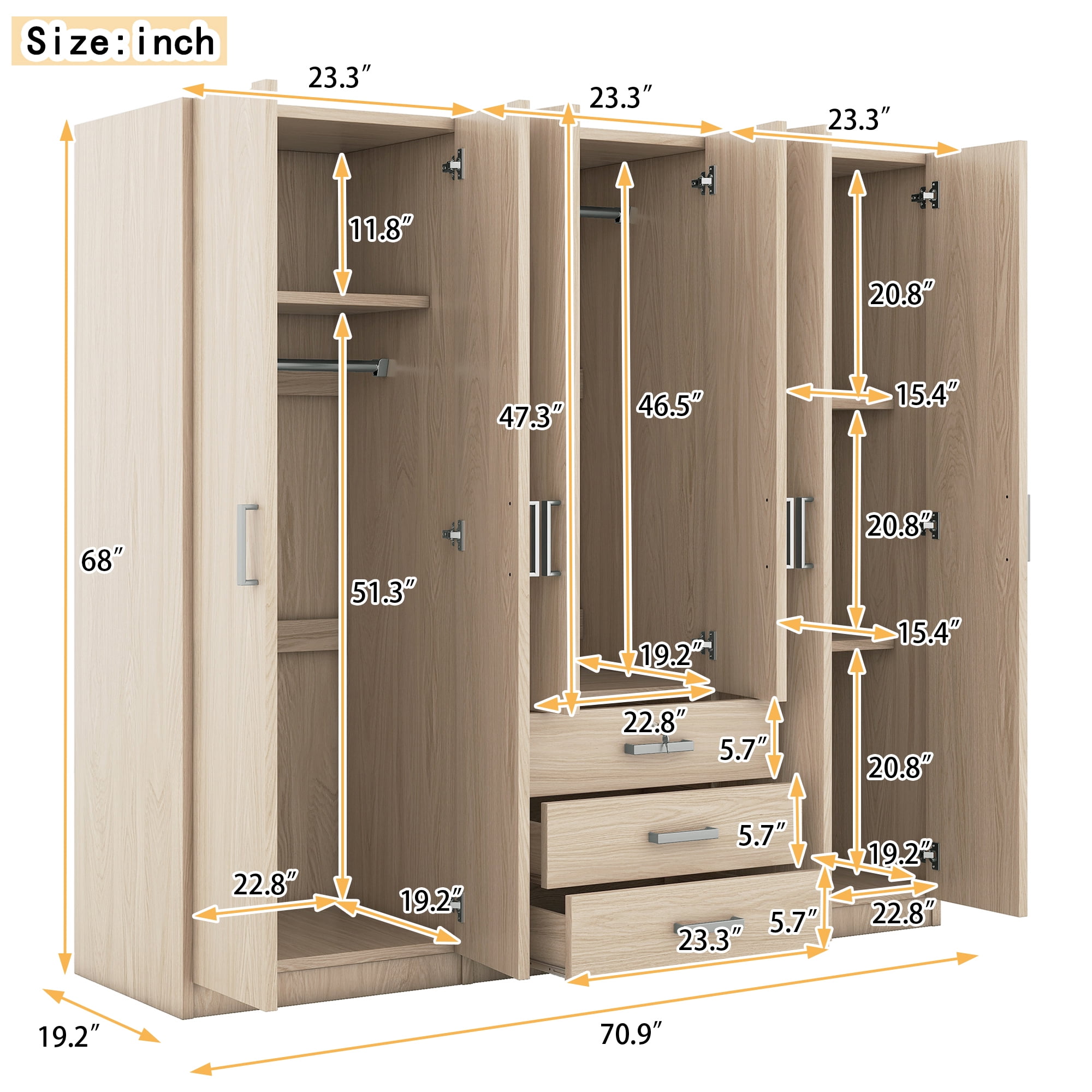 Modern Wardrobe Closet,Wooden Wardrobe Storage with 6-Doors & 2 Drawers for Bedroom,Natural