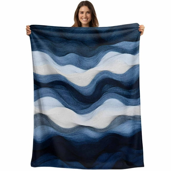 Flannel Fleece Throw Blanket Abstract Geometric Navy Blue Water Ripple Lightweight Soft Plush Blankets,Gradient Stripe Color Block Cozy Warm Throw Blanket for Couch Sofa Bed Car Office 40x50in
