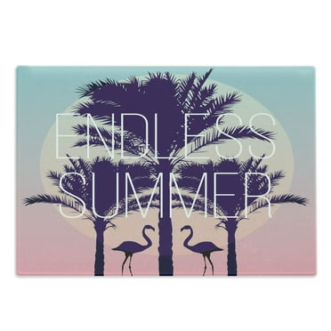 Endless Summer Cutting Board, Tropical Calligraphy with Palm Trees and Flamingos Sunset, Decorative Tempered Glass Cutting and Serving Board, in 3 Sizes, by Ambesonne