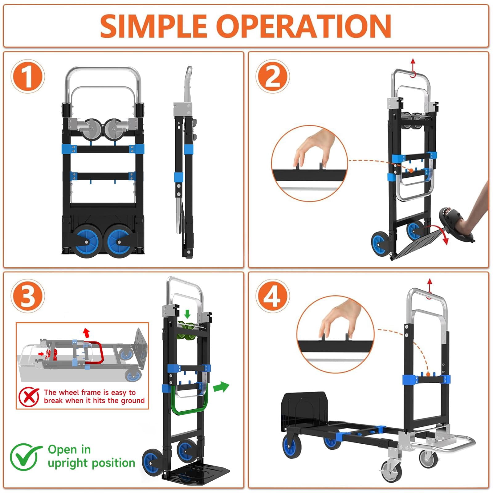 3-in-1 Heavy Duty Folding Dolly, Convertible Hand Truck Portable Steel with Telescopic Handle & Dolly Cart with Rubber Wheels, 580LB Capacity,Blue