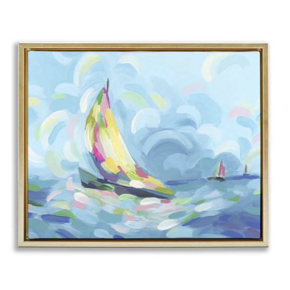 Stupell Industries Contemporary Abstract Sailboat Scenery Gold Floating Frame Canvas Art, 21 x 17, by June Erica Vess