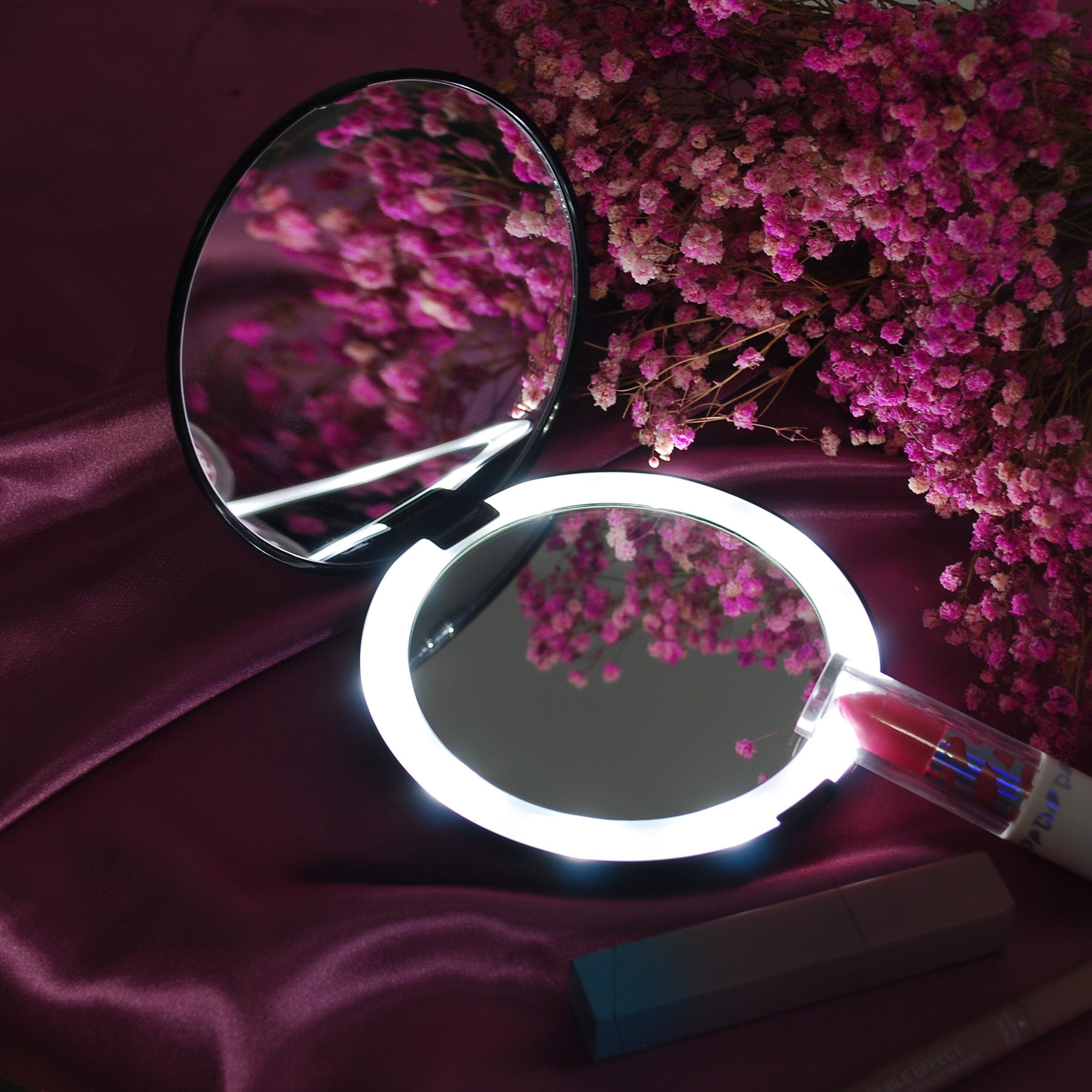 Lighted Travel Makeup Mirror 1x 10x Magnifying Mirror Handheld Folding Compact Mirror With Led Lights For Cosmetic Camping Personal Use And Travel Black 01 Walmart Com Walmart Com