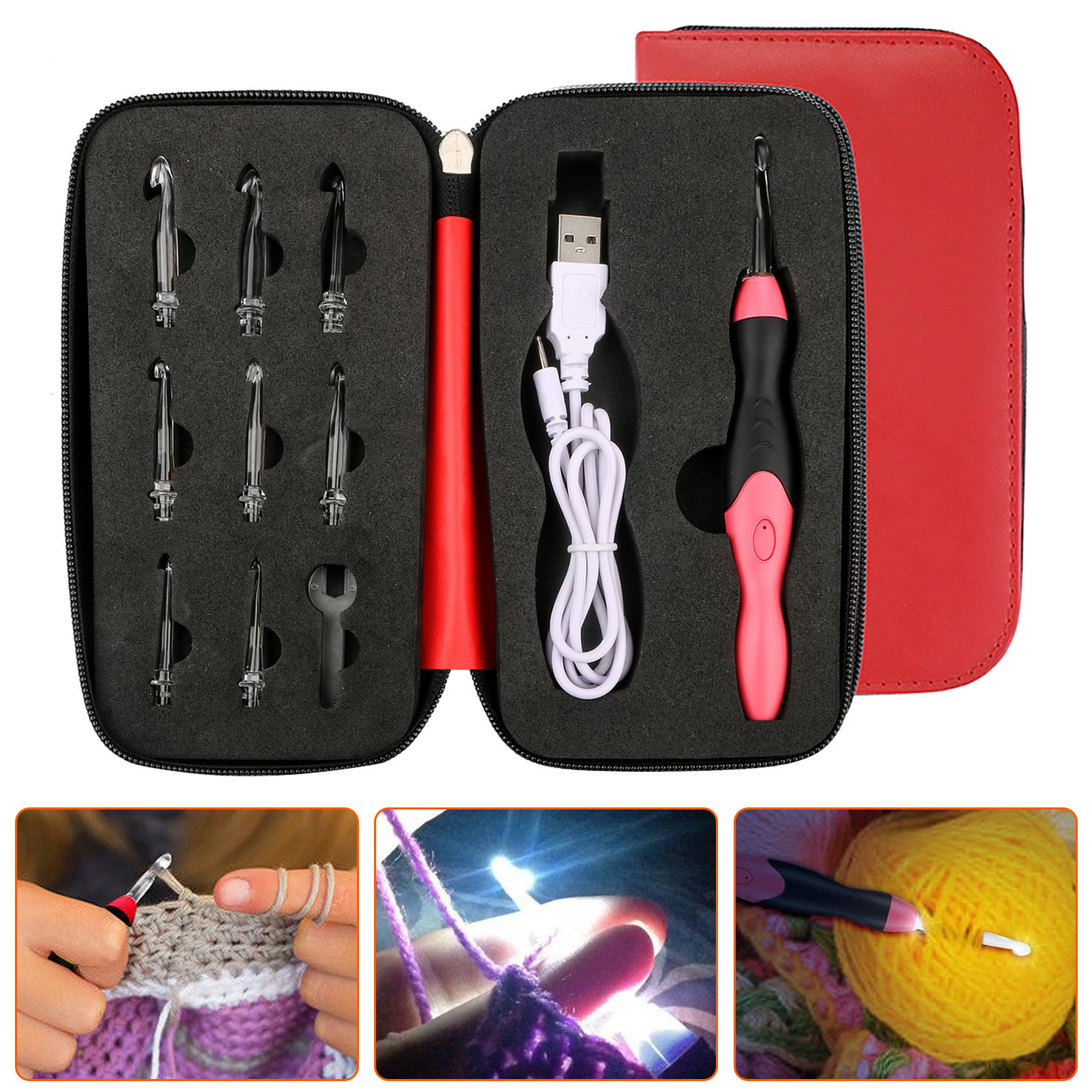 9 in 1 USB Rechargeable LED Light Up Weave Crochet Hook Set Kit With 9 Heads