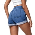 thumbnail image 3 of UDAUDU Womens Jean Shorts High Waisted Summer Elastic Folded Hem Hot Casual Denim Shorts Dark Blue L, 3 of 5