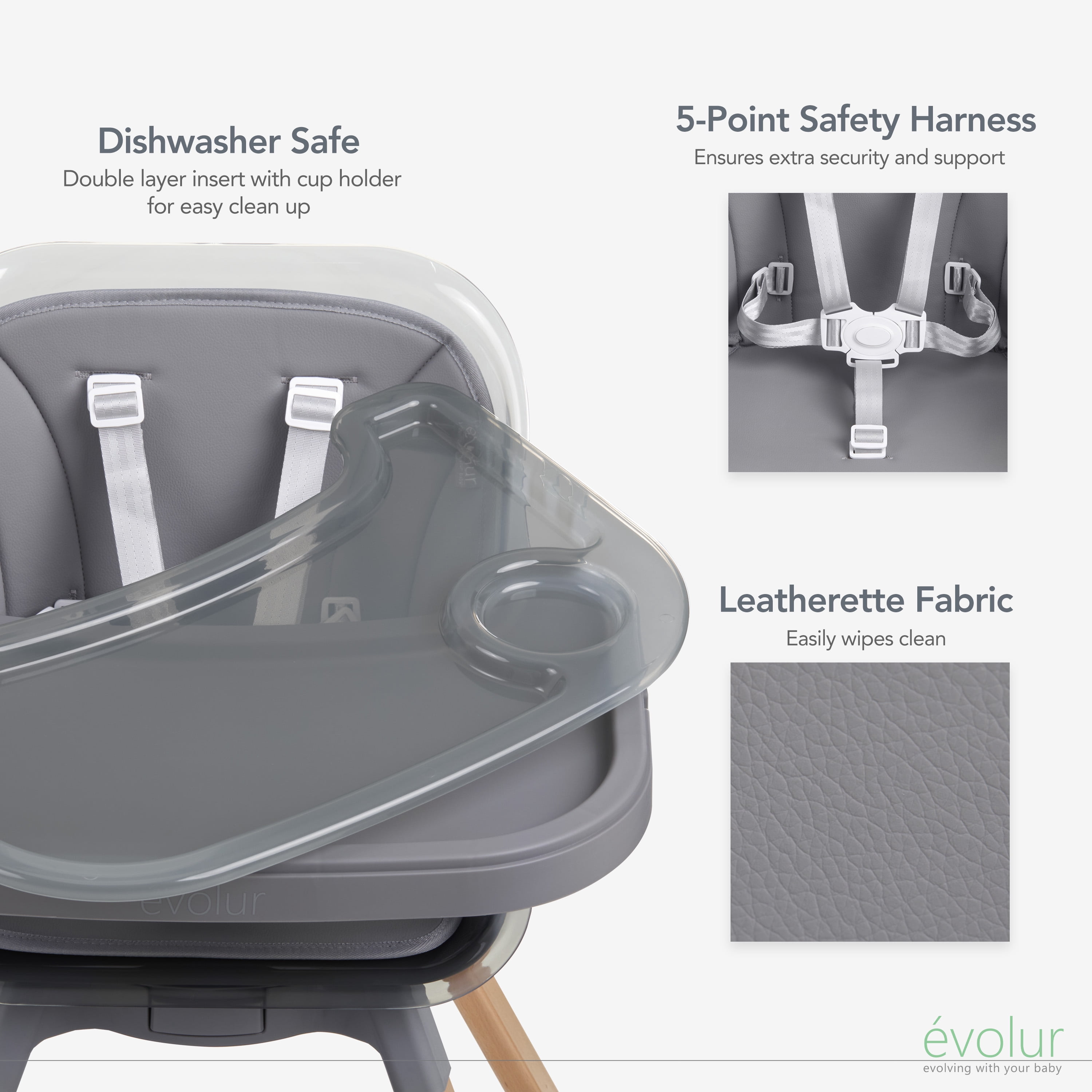 Evolur Bloom High Chair Storm Gray, 360° Rotating Seat, Easily Converts to Adult Stool, Adjustable Foot Rest, Adjustable & Removable Tray Baby High Chair