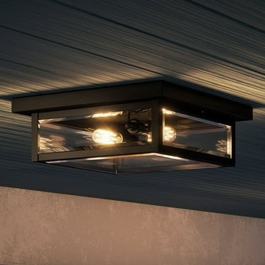 Luxury Modern Farmhouse Outdoor Ceiling Light, 4.00''H x 12.00''W, with Industrial Style Elements, Minimalist Design, Natural Black Finish and Clear Glass Panel With Beveled Edge, UQL1335