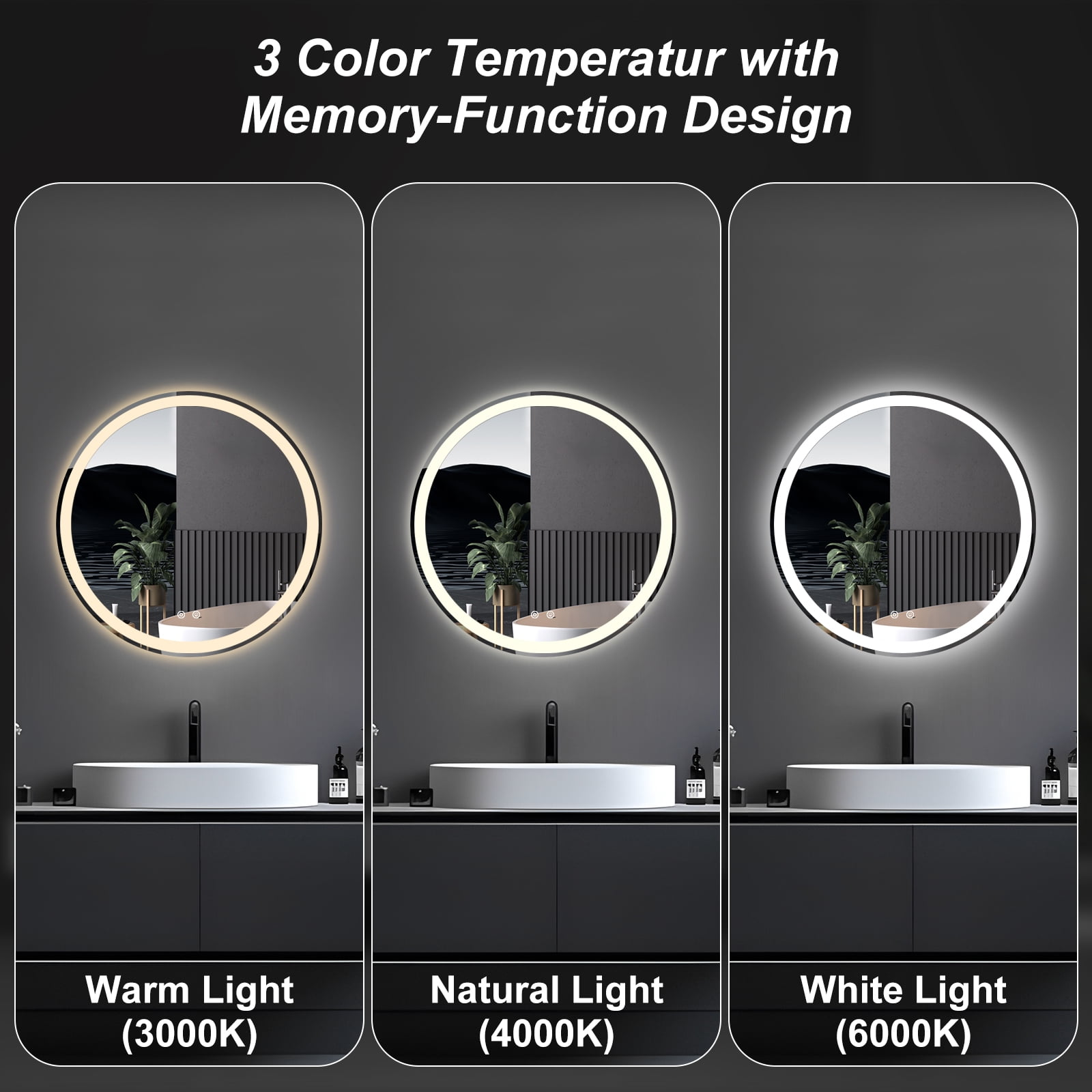 Gianna 28"x28" Round LED Bathroom Mirror with Anti-Fog, Dimmable Front and Backlit Lighting, 3 Color Temperatures
