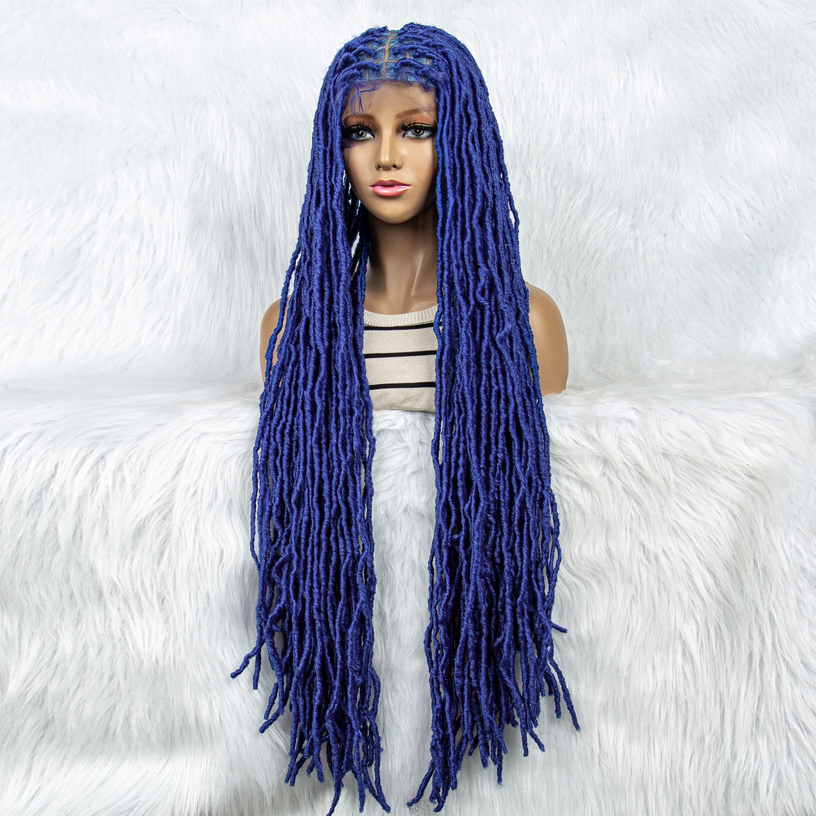 Colorful Locs Wigs 36 Inches Full Double Lace Square Knotless Dreadlock Braiding Wig with Baby Hair for Black Women Synthetic Lace Frontal Long Cornrow Box Braided Wigs Blue Color