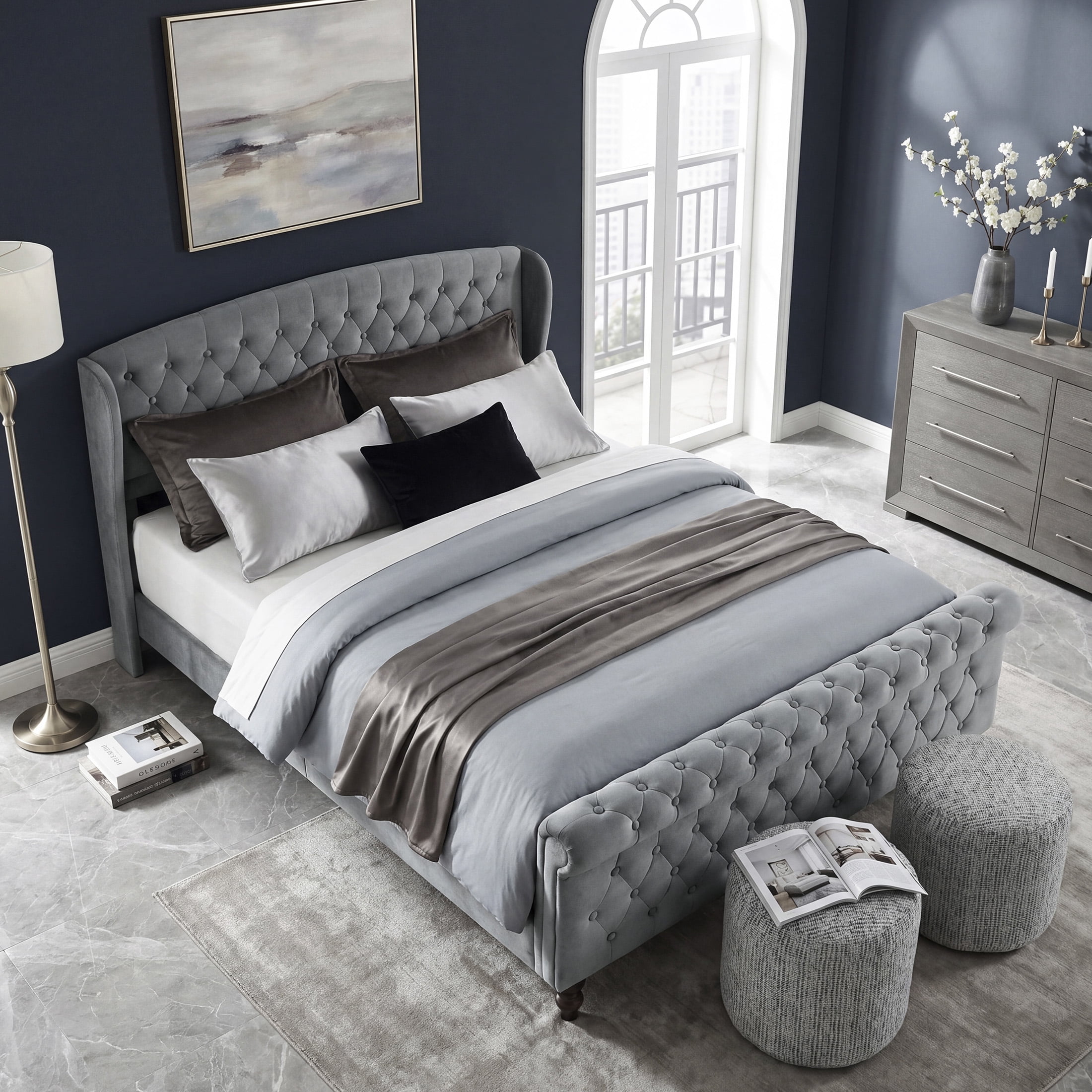 OakvillePark Tova 42"H Velvet Upholstered Platform Bed, Queen, Dark Gray