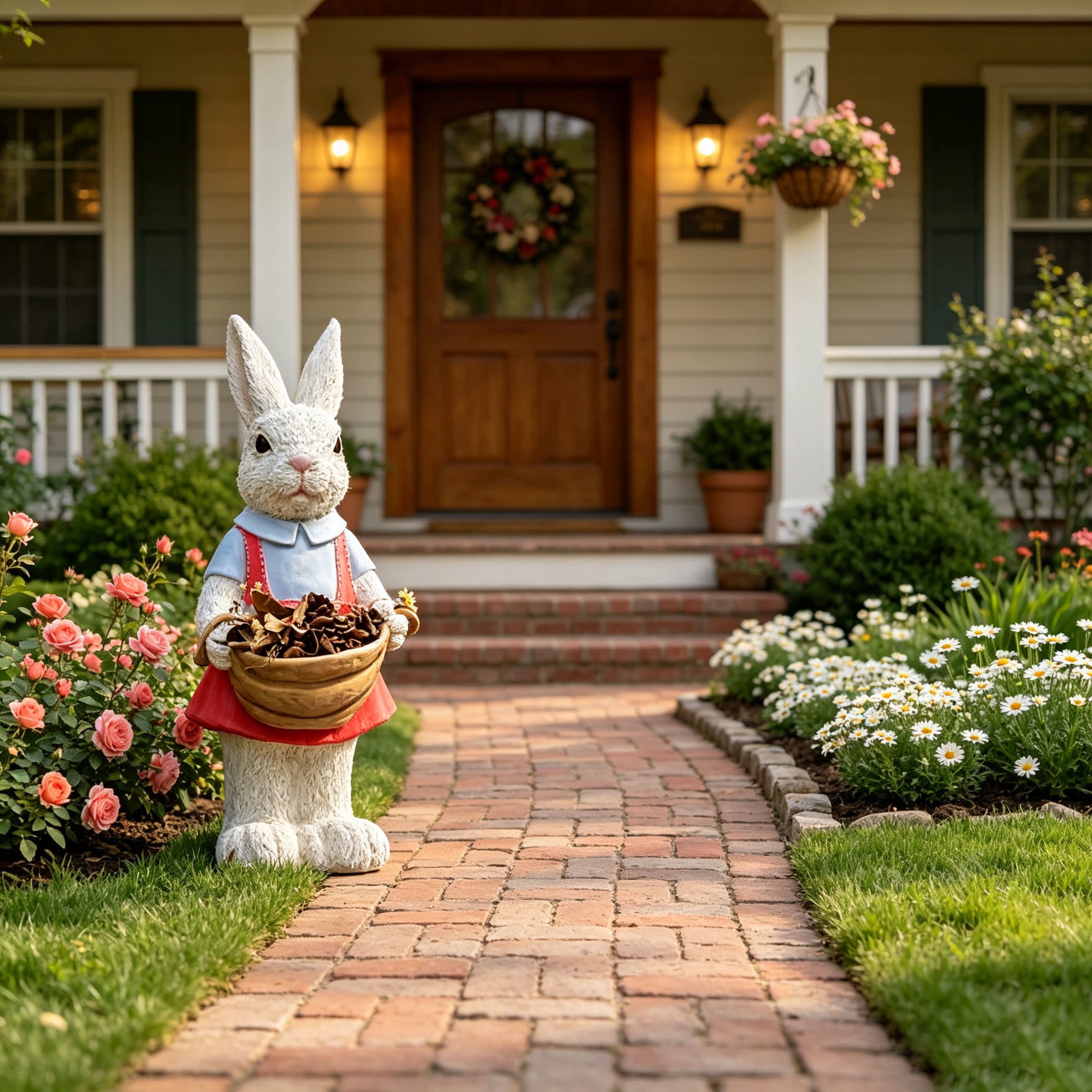 GDF Studio 16" Whimsical Rabbit Garden Statue with Flower Pot Basket, Weatherproof Resin Crafts Sculpture Decor
