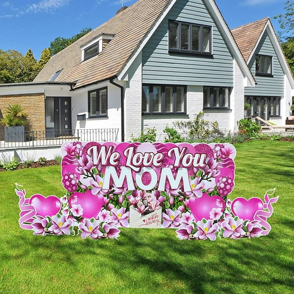 VictoryStore Huge Mother's Day Yard Signs, 36x72 Inches We Love You Mom Sign, Waterproof Corrugated Plastic, Includes Stakes, 11 Yard Signs (Pink)