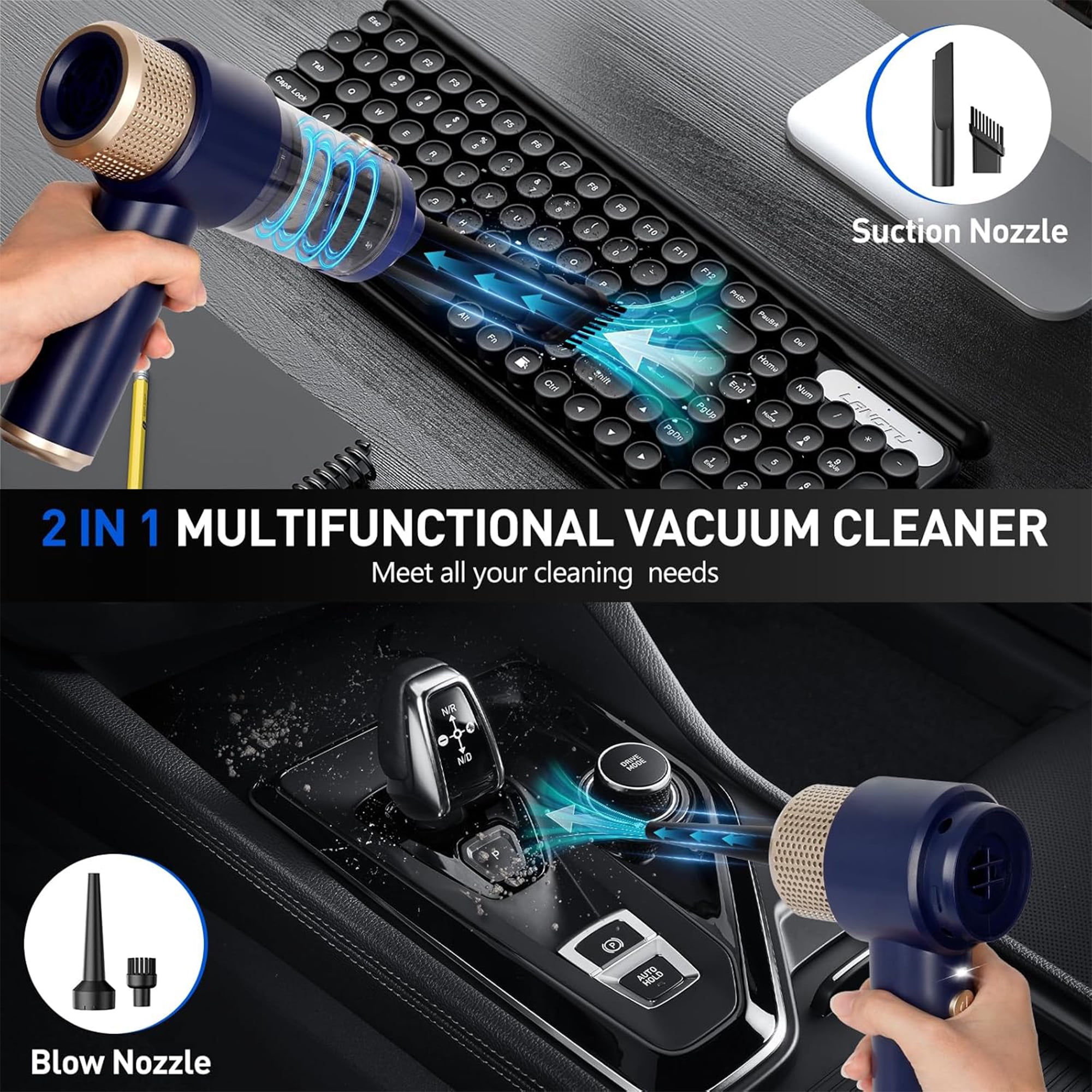 TIKBBRMG Car Vacuum Cleaner, Handheld Cordless Vacuum ,13000PA Suction Portable Mini Small Rechargeable with LED Light For Car Pet Home Office Keyboard Cleaning (Blue)