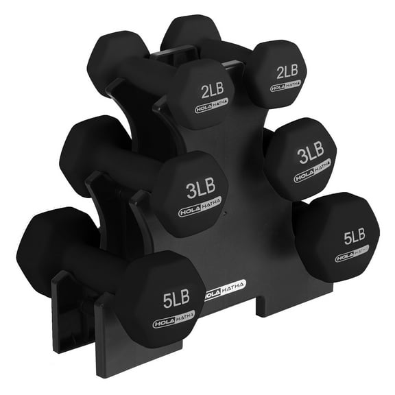 Open Box HolaHatha 2, 3, and 5lb Neoprene Dumbbell Hand Weight Set w/Rack, Blk