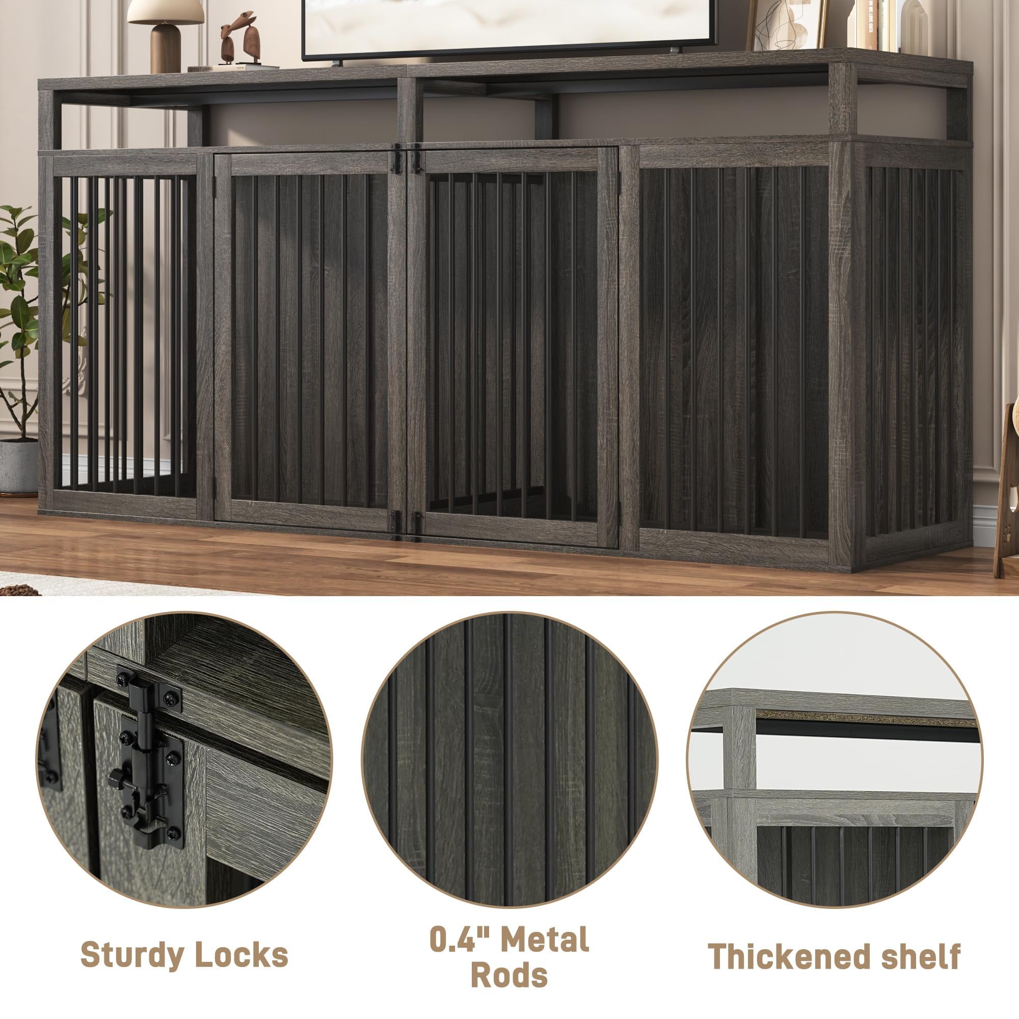 ChVans 87" Large Farmhouse Dog Crate TV Stand, Wooden Dog Crate Furniture with 4 Lockable Doors/Solid Metal Tube, XL-XXL Heavty Duty Dog Crates Furniture for 2 Medium or Large Dogs,Gray
