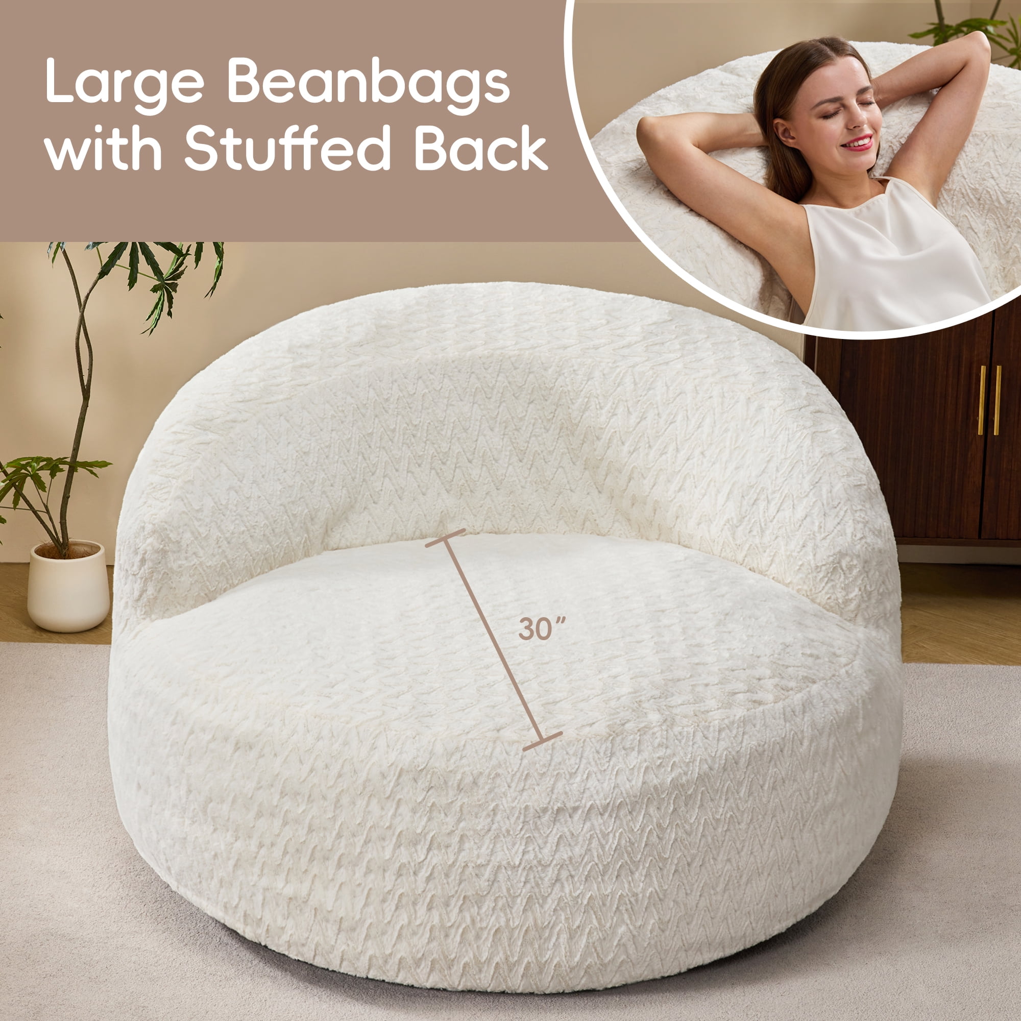 Hobestluk 4FT Bean Bag Chair for Adults with Memory Foam Filler Giant Beanbag with Faux Fur Cover for Bedroom (Chevron White,Oversize)
