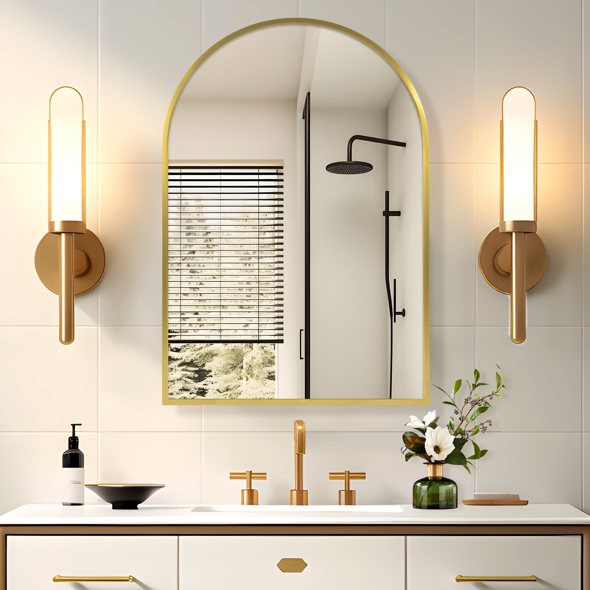 36"x24" Arched Recessed/Surface Mount Medicine Cabinet with Mirror,Gold