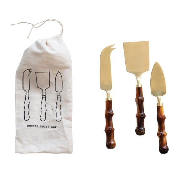 Creative Co-Op Stainless Steel and Resin Charcuterie Knives in Drawstring Bag, Set of 3 Styles