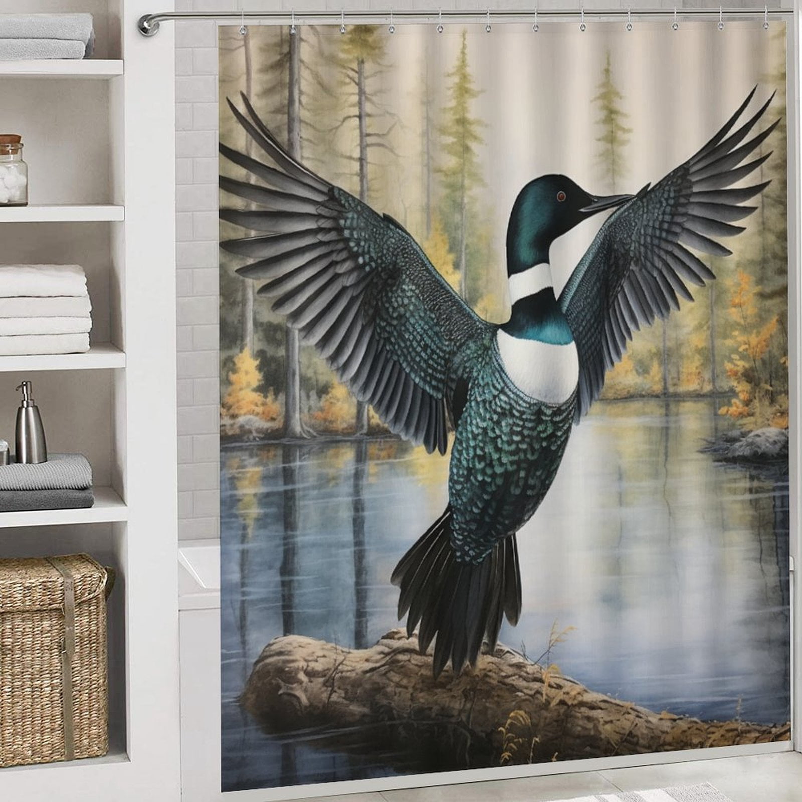 Loon Flexing His Wings 4 Pcs Shower Curtain Sets with Non-Slip Rugs Toilet Lid Cover And Bath Mat Bathroom Decor Set Loon Nature Bird Lake Water Waterproof Personality Pattern Bath Curtain