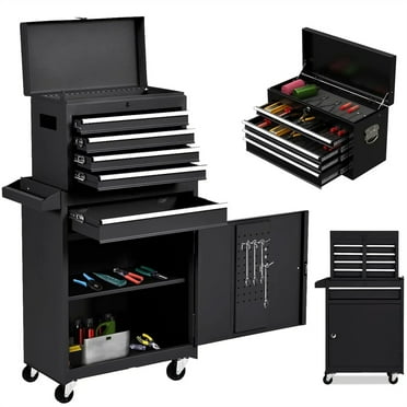 Aukfa Tool Box, 2 in 1 Steel Rolling Tool Chest & Cabinet On Wheels for Garage, 5-drawer, Black