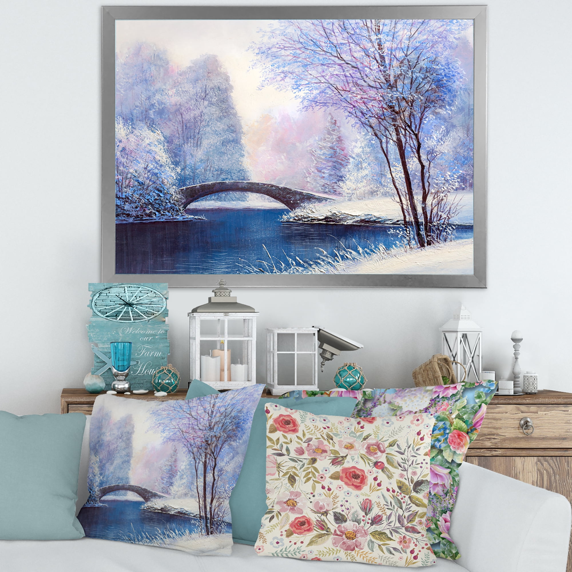 Bridge Of Meandering River With Winter Scenery III 20 in x 12 in Framed Painting Canvas Art Print, by Designart