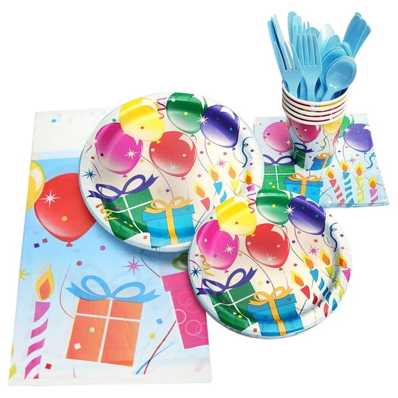 130 Piece Birthday Party Supplies - Serves 16 - Including - 9" Plates, 7" Plates, Napkins, Cups, Forks, Spoons, Knives, And Tablecloths