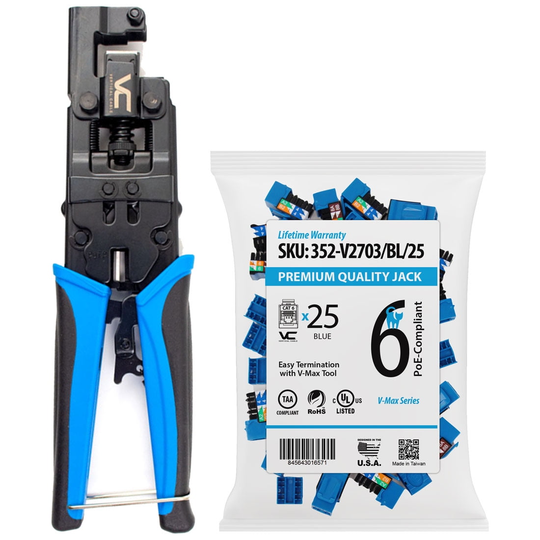 Vertical Cable VMax Punch Down Tool & CAT6 RJ45 Keystone Jack 25pc