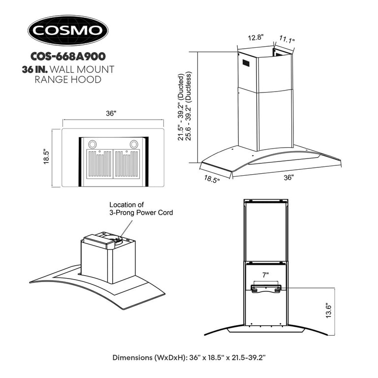 Cosmo 668A900 36-Inch Stainless Steel Wall Mount Range Hood