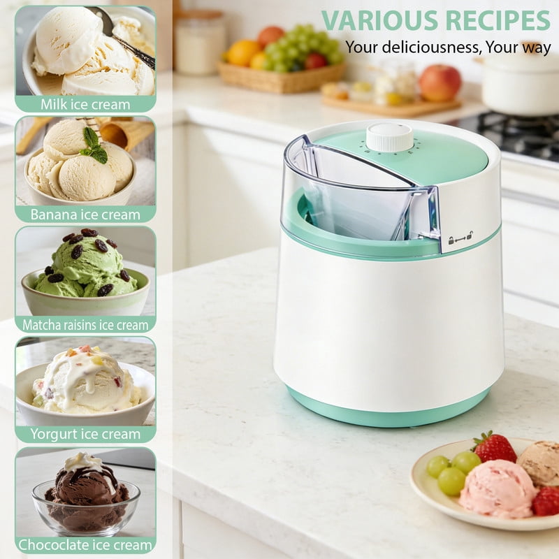 SUSLAS 0.8L Mini Ice Cream Maker Machine with Timer Knob, Compact Personal Ice Cream Maker for Homemade Gelato, Sorbet & Frozen Yogurt, Easy Operation, White & Green