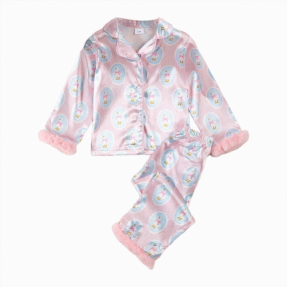 WUANDIXFA Girl Christmas Pajamas Feather Satin Silk Button Down Cute Outfit Nightgown Jammies Set,Pink,4-5 Years