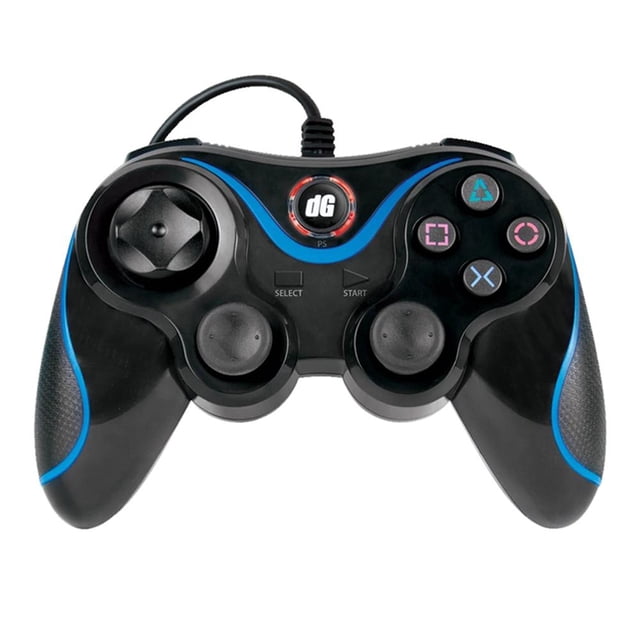 control alámbrico dreamgear orbiter para ps3 negro, vista frontal centrada del mando con acentos azules y cable superior de aprox. 2.3 metros; diseño ergonómico con agarres de goma, dos palos analógicos cóncavos, cruceta direccional, botones Select y Start y logo 'dG' en el centro; a menudo usado también para juegos de PS3 en PC mediante emulación.