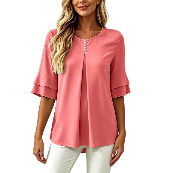 cocolona Womens Half Sleeve Tops Pleated Elegant Tunic Shirts Dressy Casual Solid Color Blouses
