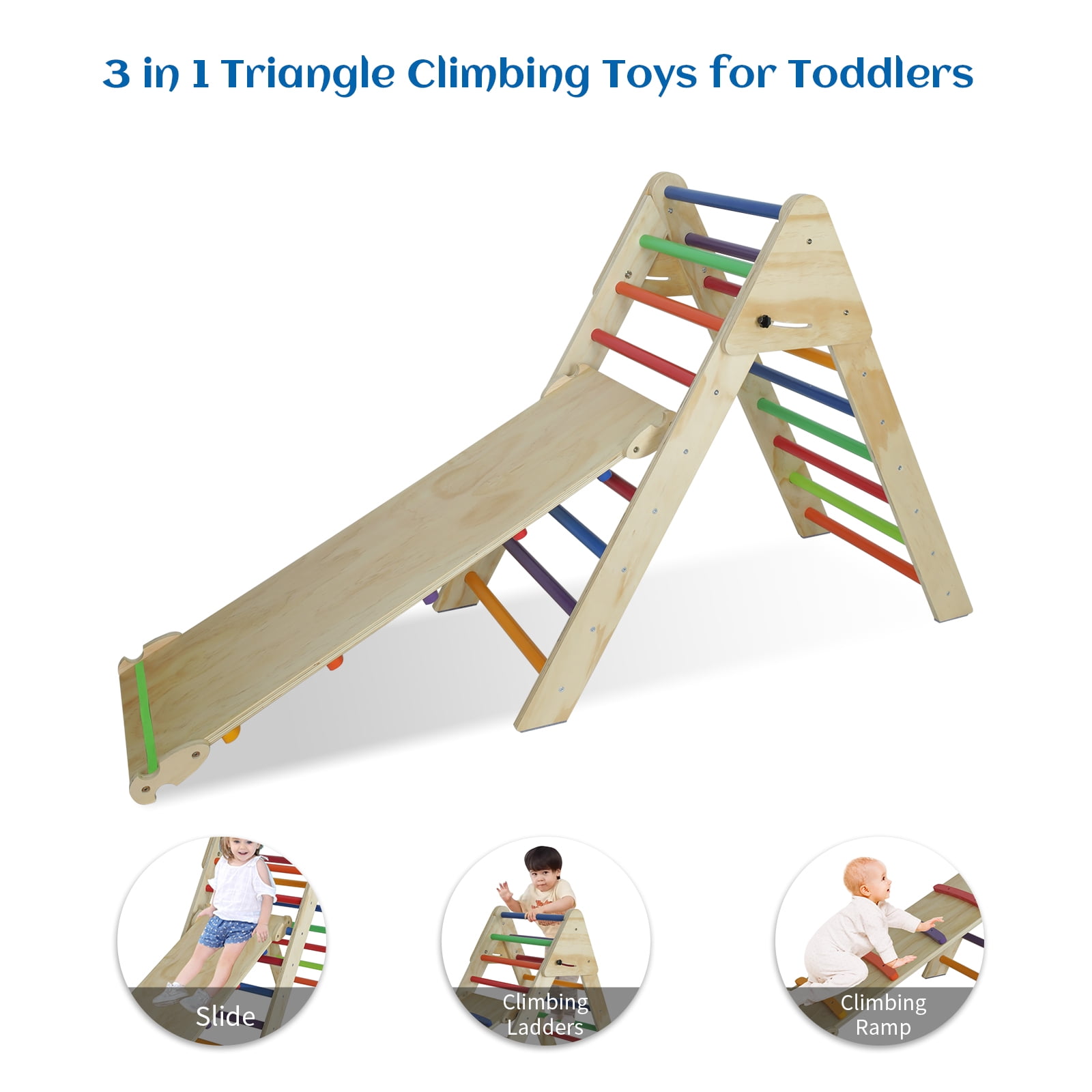 Multicolor Pikler Triangle with Ramp & Slide, Foldable 2-in-1 Wooden Climbing Ladder, Montessori Play Gym for Toddlers Kids 1-7