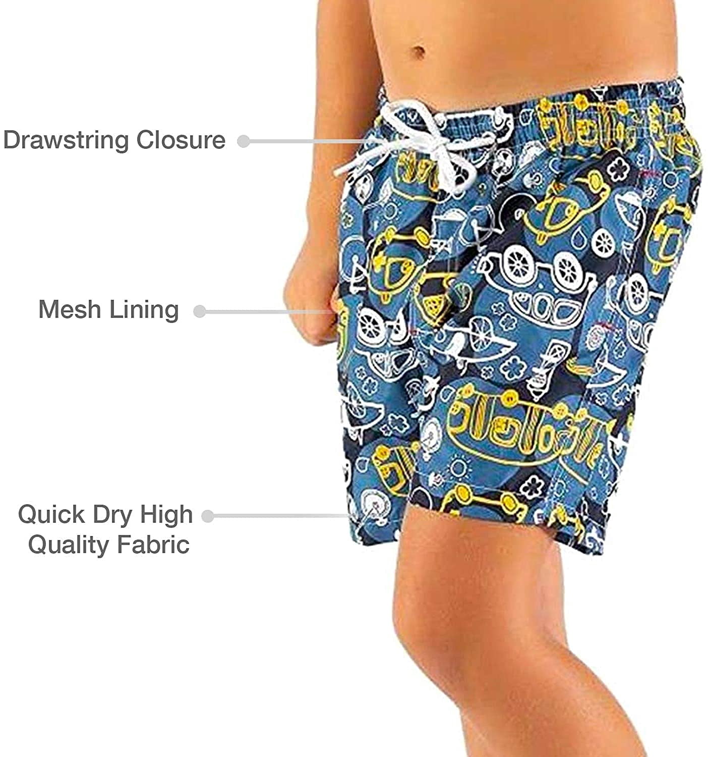 Printed, Solid & Fluorescent Colored Quick Dry Swim Shorts for Boys and Girls, Swim Trunks, Bathing Suits, Swimwear, Swim Shorts for Kids, Blue (Printed), 11-12T