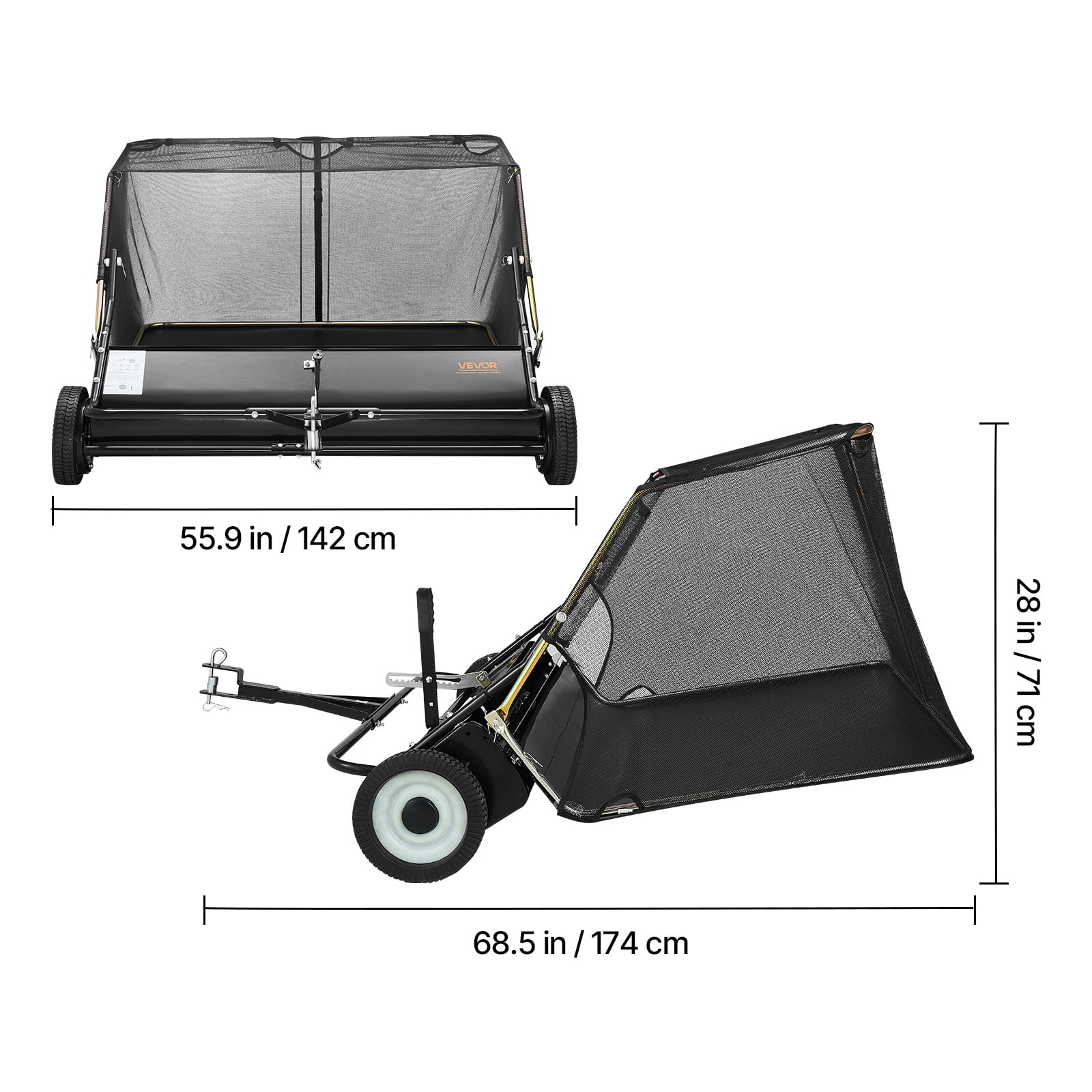 VEVOR Tow Behind Lawn Sweeper, 48 in Pull Behind Yard Sweeper, 26 Cu. ft Hopper Bag Capacity, Leaf & Grass Collector with Dumping Rope, Adjustable Sweeping Height, Garden Sweepers for Lawn Farm