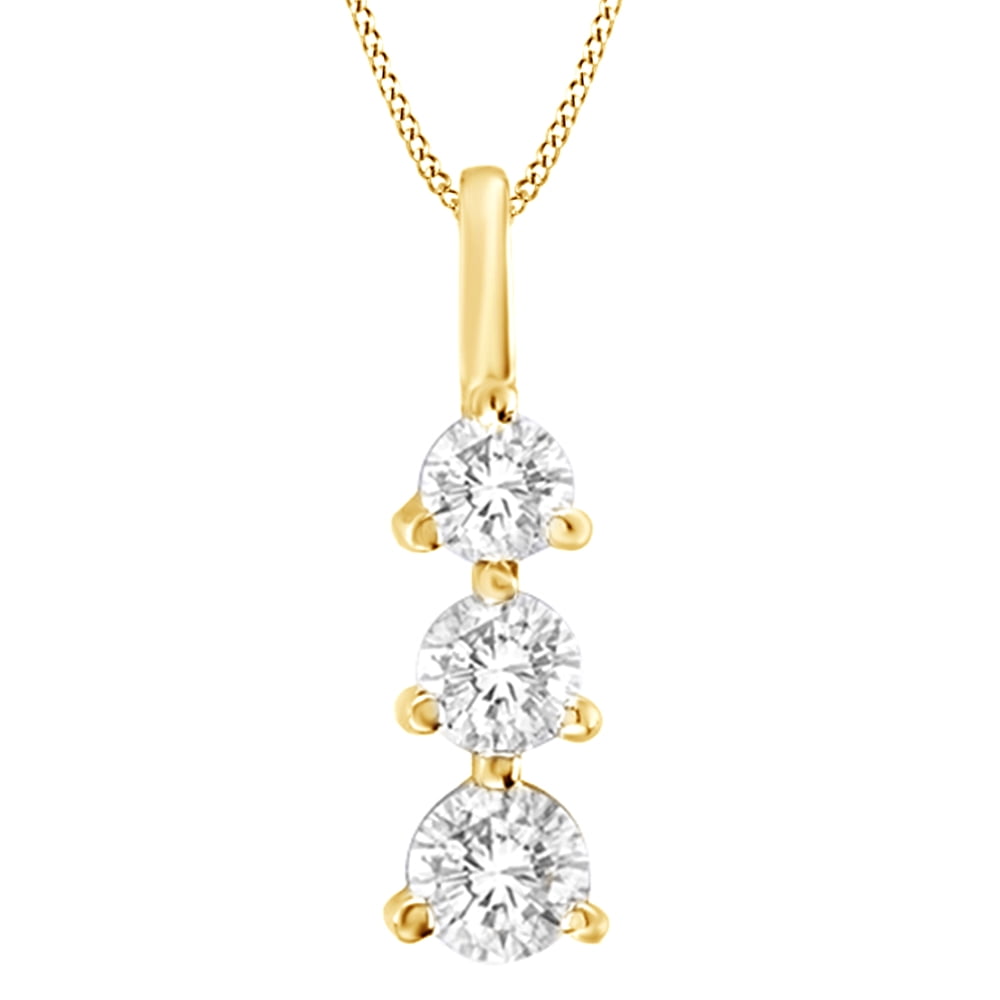 Jewel Zone US White Natural Diamond Linear Three Stone Drop Pendant Necklace in 14K Solid