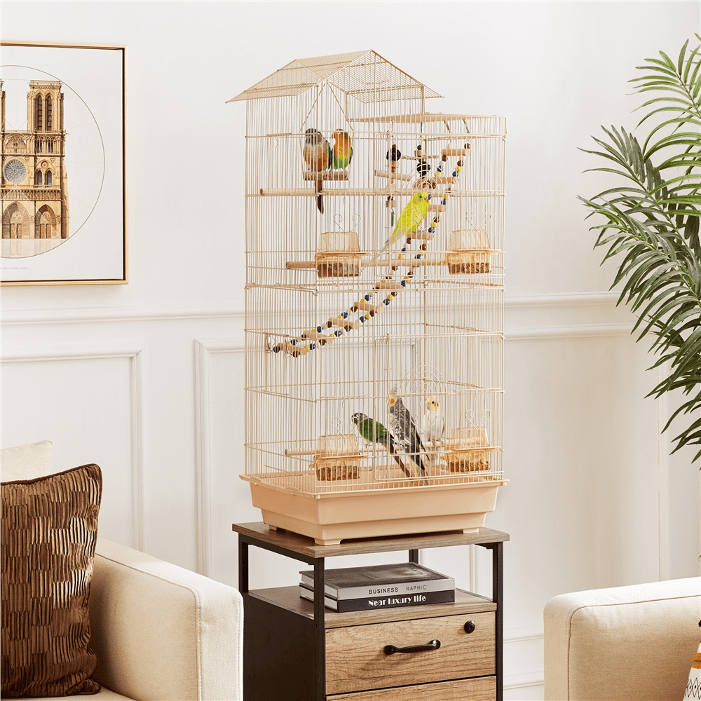 Alden Design 39"H Metal Large Roof Top Parrot Cage with Perches and Toys, Almond