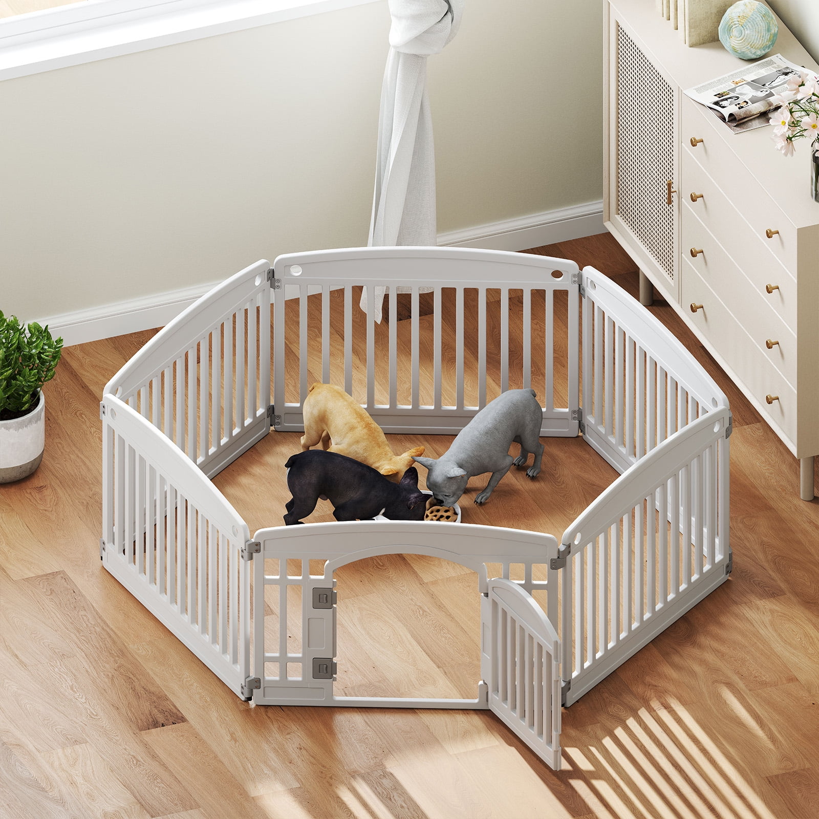 CONCETTA 24 Inch 6-Panel Portable Dog Playpen for Indoor, Plastic Lightweight Indoor Puppy Pen with Door, Customizable, White