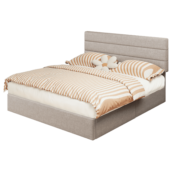 Frostbloom Beige Storage Platform Bed, Linen 4-Panel Headboard Without Wings, No Boxspring Required