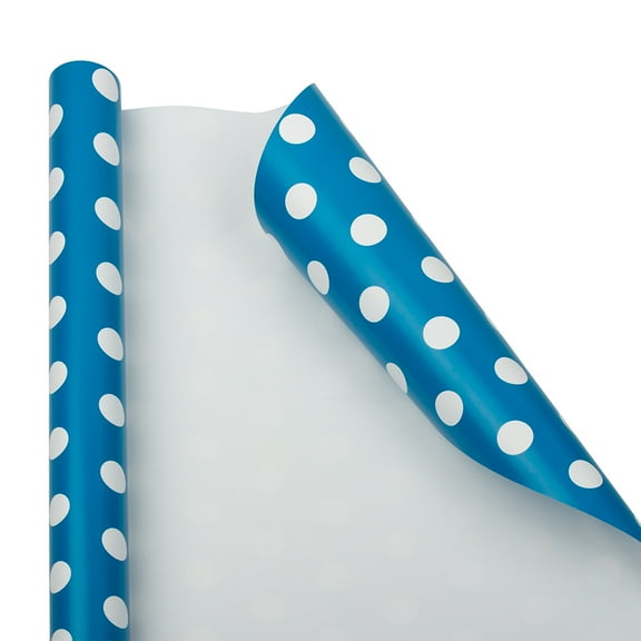 JAM Paper Blue with White Polka Dot Wrapping Paper, All Occasion 25 Sq. ft, 1/Pack