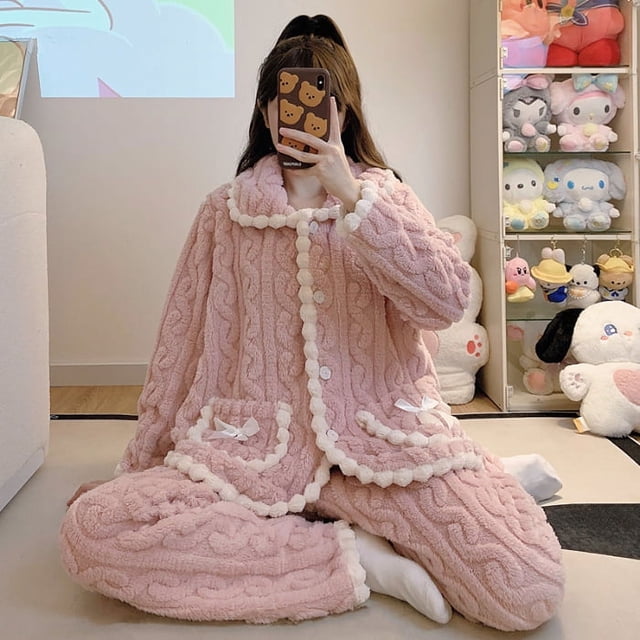 Pijama de vellón coral para mujer, cárdigan dulce de invierno, manga larga, talla grande, traje de ropa de casa para niña gordita