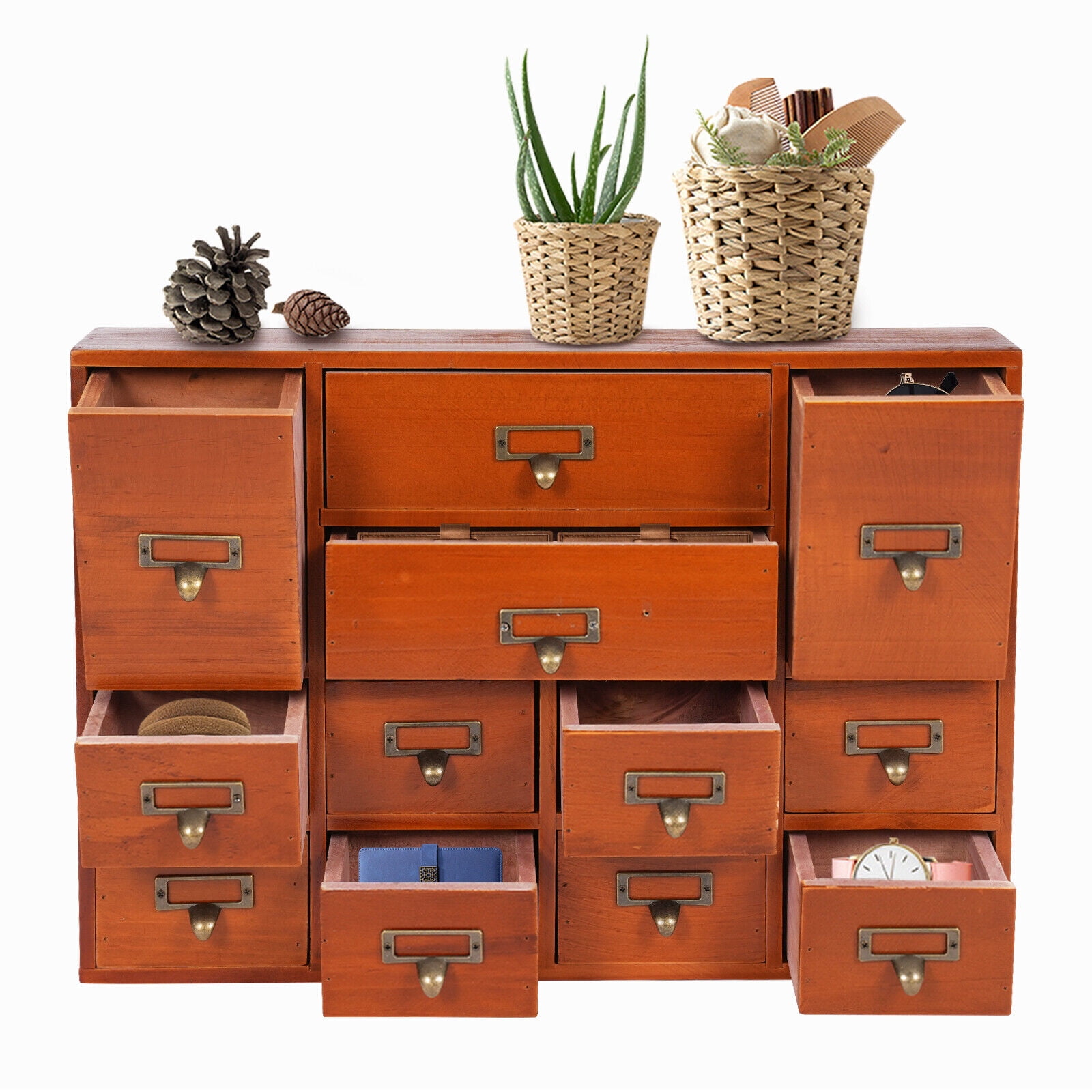 Wooden Desktop Organizer 12 Drawers, Large Wood Storage Drawer Unit for Desk Accessories, Office Supplies, Makeup, Jewelry, Craft Cabinet with Metal Handles & Label Slots - No Assembly Required