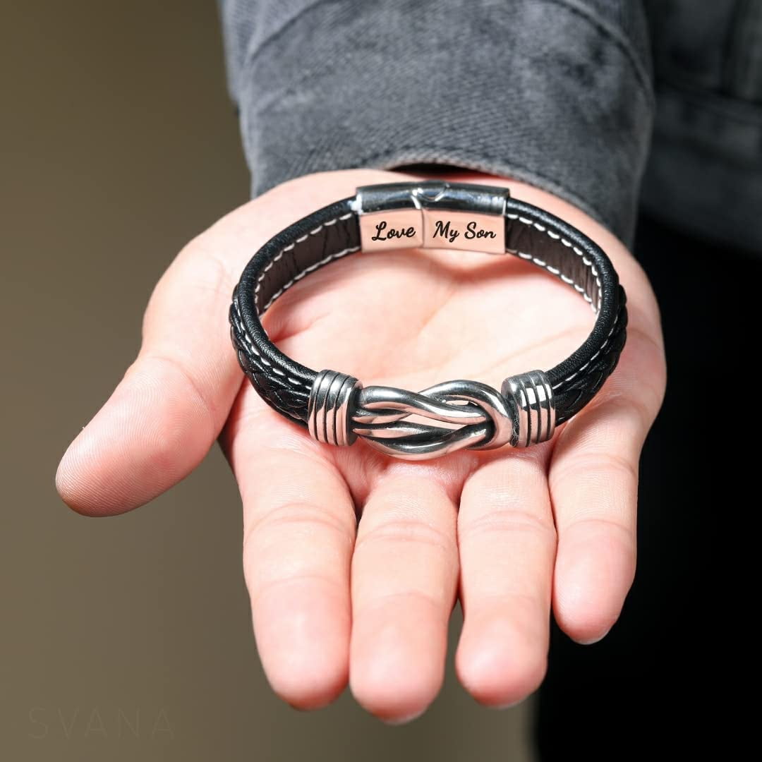Mother and Son Forever Linked Together Braided Leather Bracelet, to My Son Stainless Steel Interlocking Inspirational Wristband Gift Jewelry for Son from Mom Dad