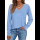 thumbnail image 1 of Camisetas con Cuello en V para Mujer, Blusas de Encaje de Larga, Holgadas, Elegantes e Informales, para Otoño e Invierno, A . Azul L, 1 of 8