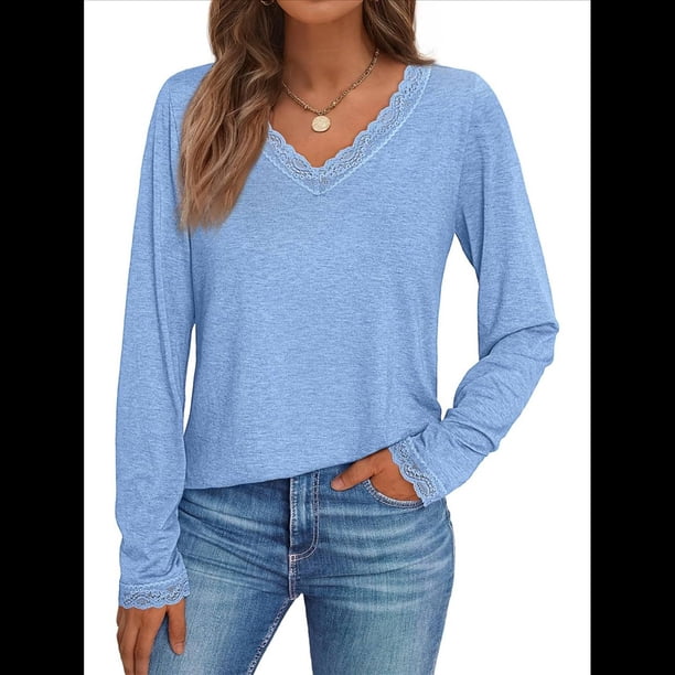 Camisetas con Cuello en V para Mujer, Blusas de Encaje de Larga, Holgadas, Elegantes e Informales, para Otoño e Invierno, A . Azul L