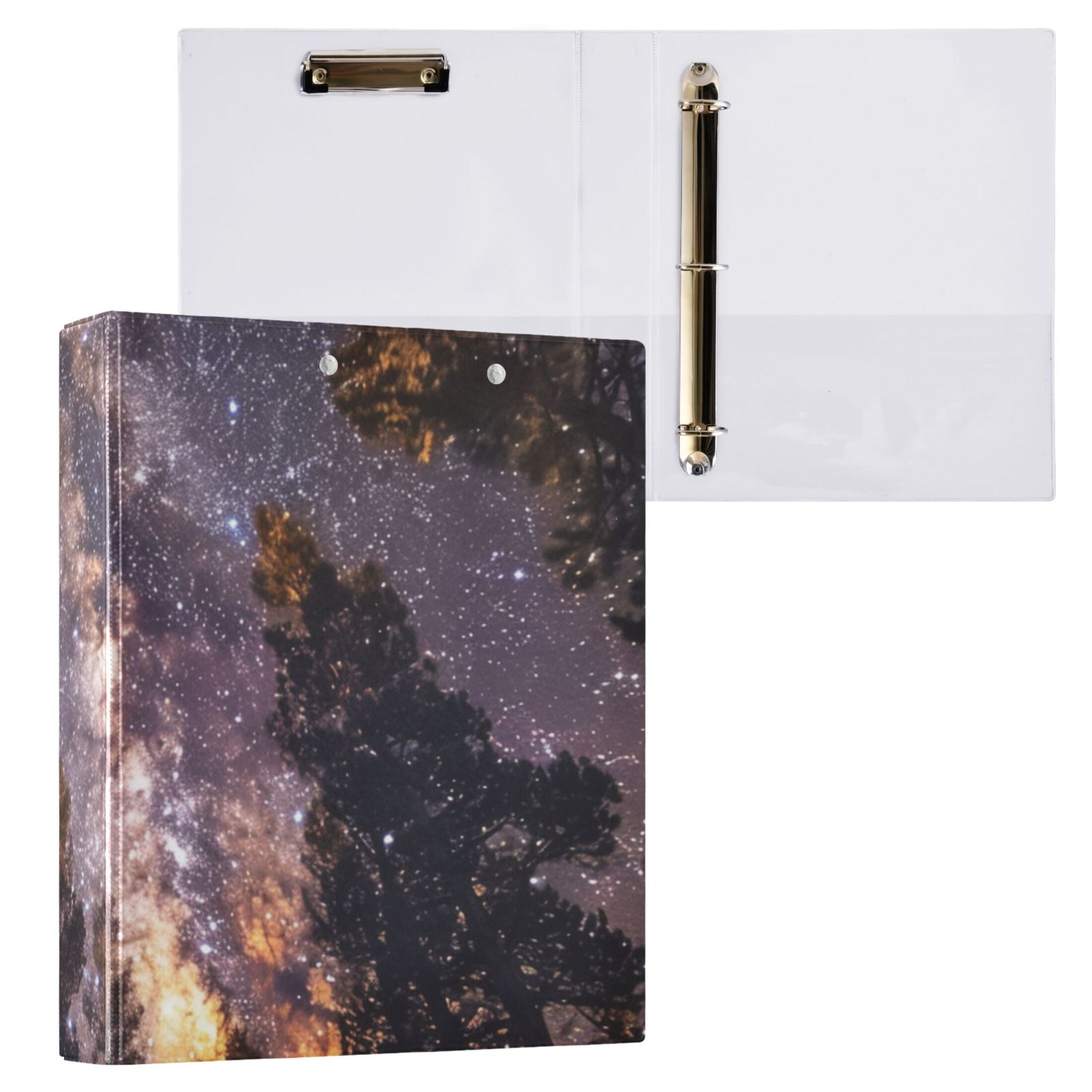 Purple Starry Sky 3 Ring Binders 1.5 inch Hardcover File Folders with Interior Pockets A4 Size Organizer for School Office Hospital Set of 2