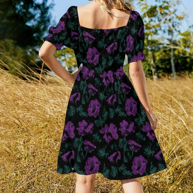 Purple flowers on black background Dress women clothes evening dress women  - Walmart.com